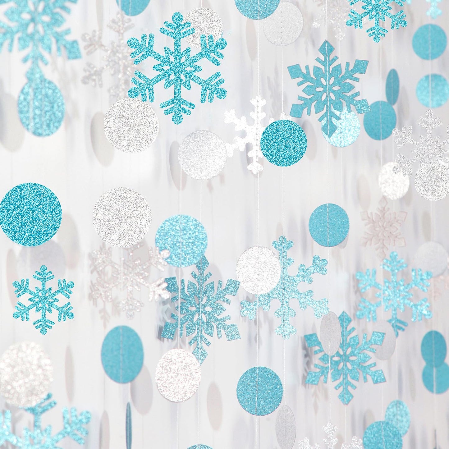 Snowflake-Snow Teal-Silver Christmas Party-Decoration Garland - 52Ft Turquoise White Winter Wonderland Frozen Hanging Paper Streamers,Birthday New Year Baby Shower Classroom Decor Lasting Surprise