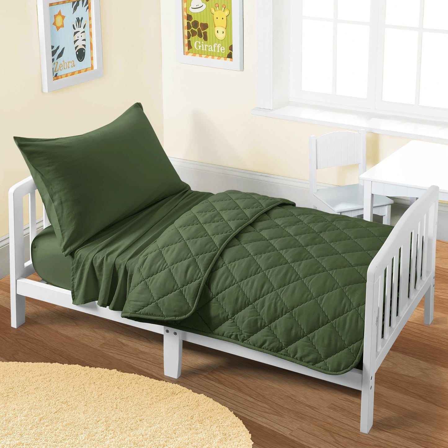 FLXXIE Toddler Bedding Set - 4 Piece Microfiber Crib Sheet Set, Crib Bedding Set Includes Quilted Comforter, Flat Top Sheet, Fitted Sheet, Envelope Pillow Case for Boys and Girls, Olive