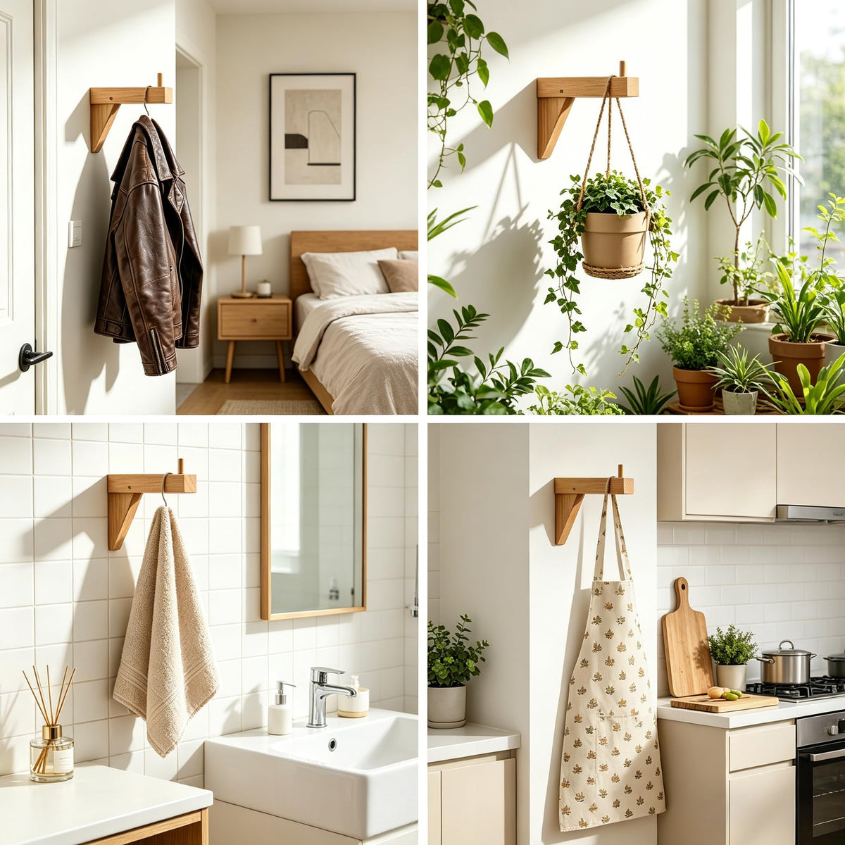 Wooden Wall Mount Bracket Hook, Multi Purpose Hanging Plant Pot Holder, Decorative Wood Coat Towel Apron Hanger for Bedroom Bathroom Kitchen Home Decor