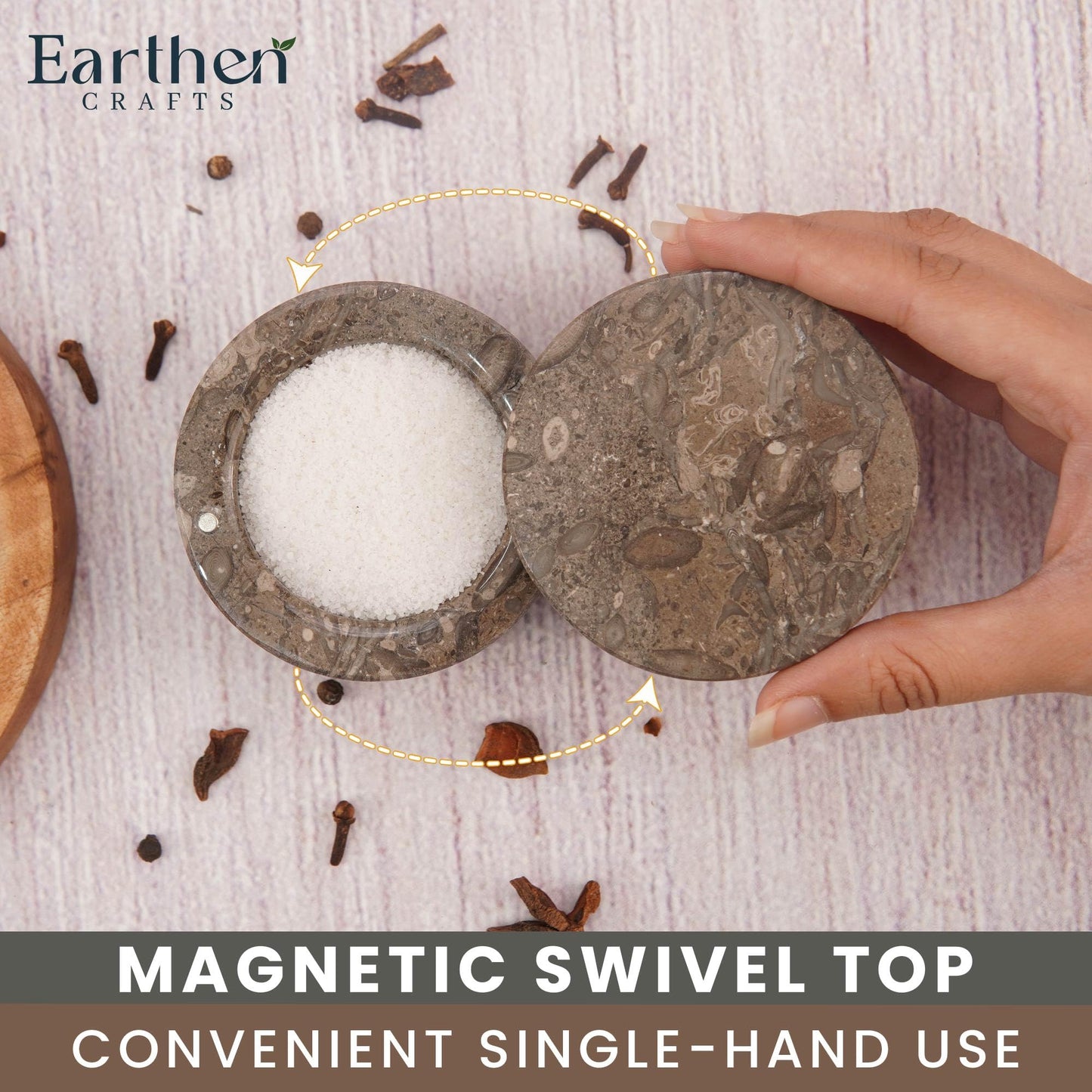 EARTHEN CRAFTS Marble Salt Cellar with Swivel Lid 3 Inch Salt Box Oceanic Mini Salt and Spice Jar Storage Magnetic Lock Container, Salt Crock for Sea Salt, Flaky Salt, and Sugar