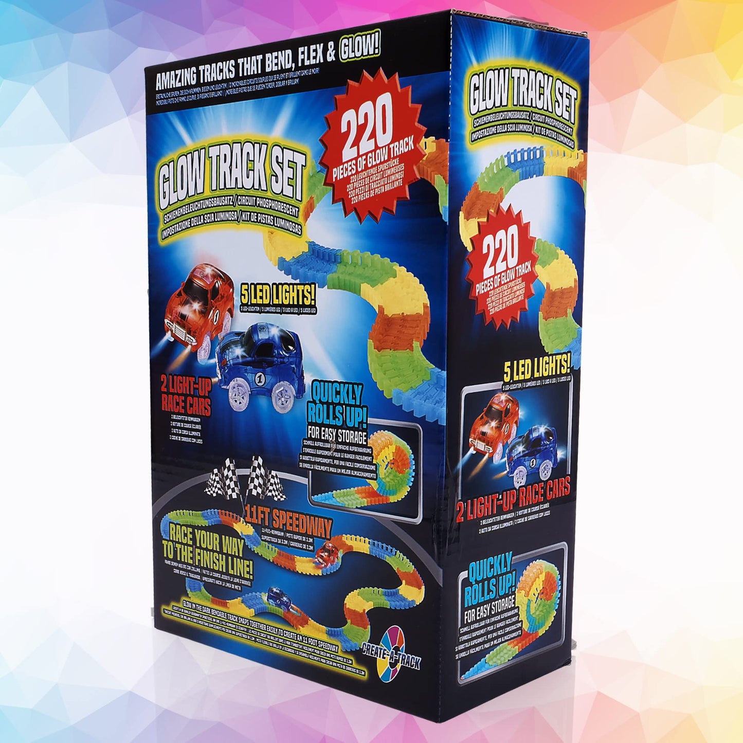 Create-A-Track Car Track Set - Race Track Toy With 220 Track Pieces & 2 Light Up Cars - Glow Tracks Racing Set For Boys or Girls