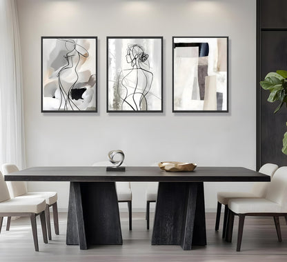 3pcs Black White Abstract Line Wall Art Female Figure Silhouette & Geometric Elements Pictures Posters Modern Minimalist Canvas Paintings Wall Decor For Living Room Bedroom Decoration Unframed