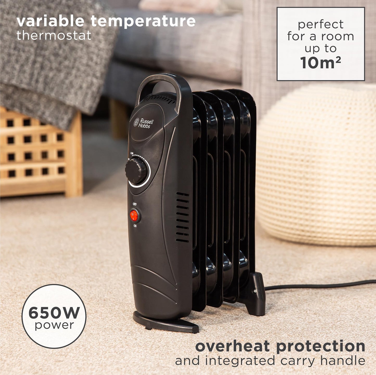 Russell Hobbs 650W Oil Filled Radiator, 5 Fin Portable Electric Heater - Black, Adjustable Thermostat, Safety Cut-off, 10 m sq Room Size, RHOFR3001, 2 Year Guarantee