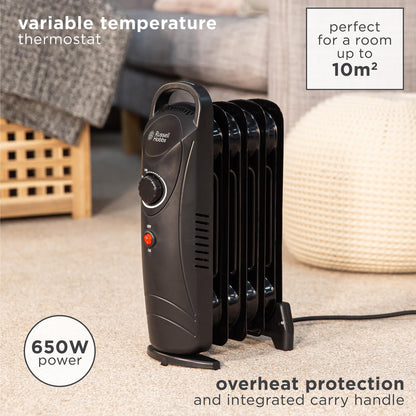 Russell Hobbs 650W Oil Filled Radiator, 5 Fin Portable Electric Heater - Black, Adjustable Thermostat, Safety Cut-off, 10 m sq Room Size, RHOFR3001, 2 Year Guarantee
