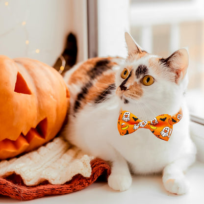 Halloween Cat Collar Set, 2 Pack Holiday Spooky Ghost & Pumpkin Adjustable Collars with Bow Tie & Bells, Safety Breakaway Buckle for Boys and Girls Kitties Kittens