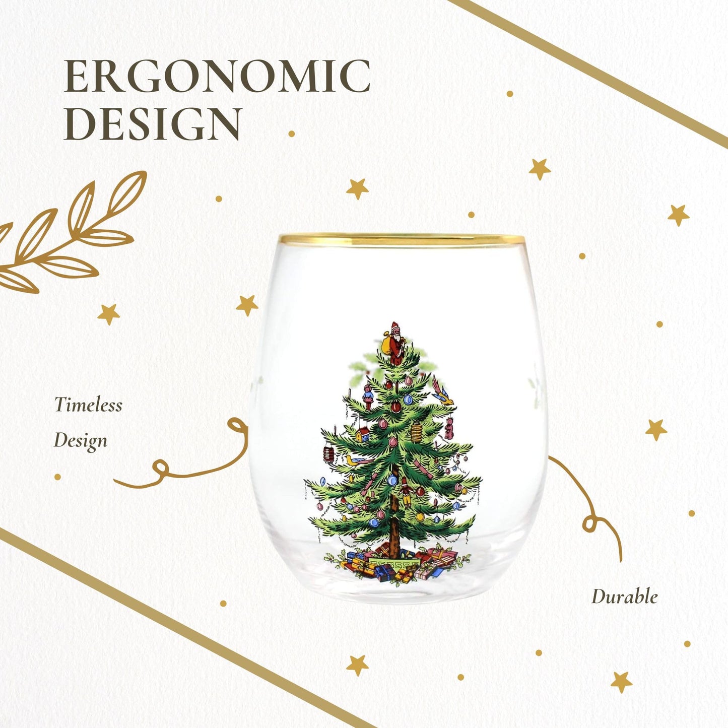 Spode Christmas Tree 19oz Stemless Wine Glasses, Set of 4 - Vintage-Inspired Holiday Drinkware with Cozy Seasonal Charm, Ideal for Mulled Wine at Festive Gatherings & Holiday Entertaining