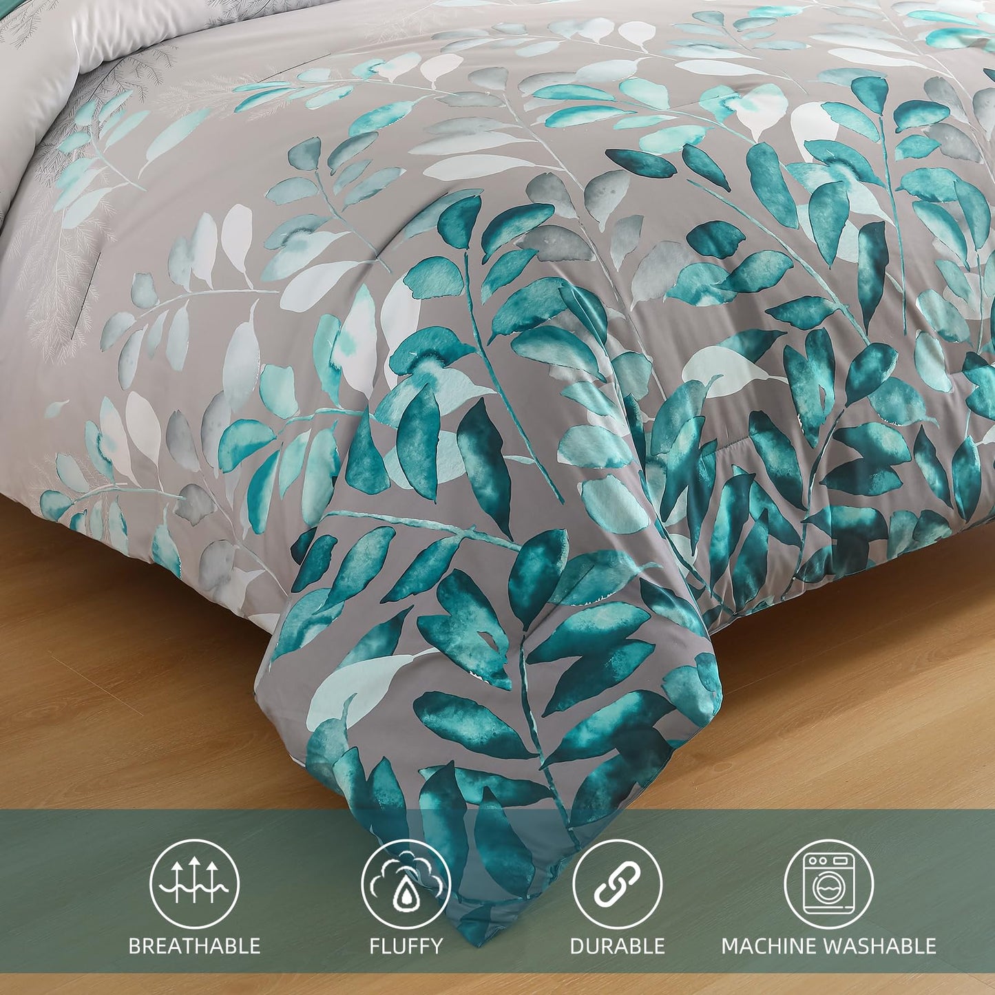 Anibedding Teal Green Floral Comforter Set Queen, 7 Piece Green Botanical Gradient Leaves Ultra Soft Microfiber Down Alternative Bedding Set with Sheets and Bedroom for All Season