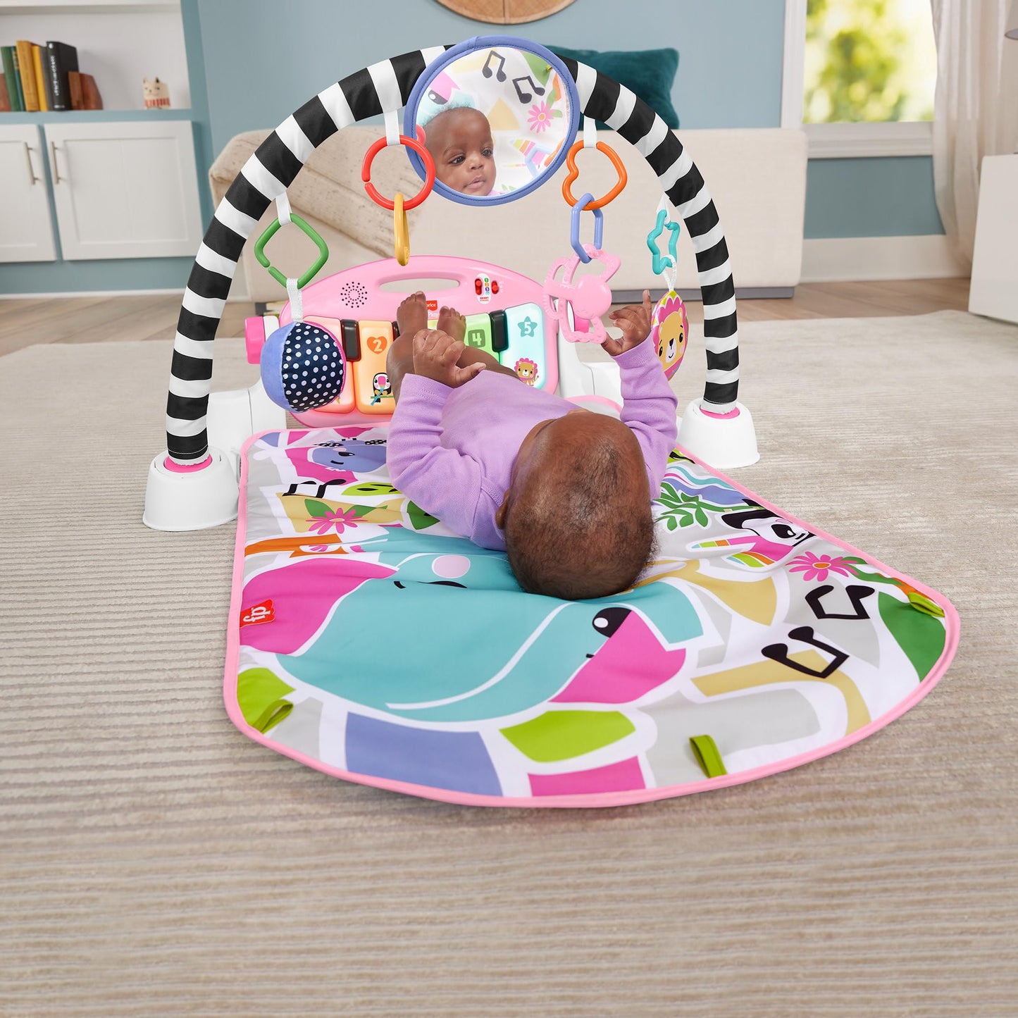 Fisher-Price Baby Activity Mat Glow and Grow Kick & Play Piano Gym, Portable Musical Toy with Smart Stages Learning, Ages 0+ Months, Pink, Queens English Version, HYH63