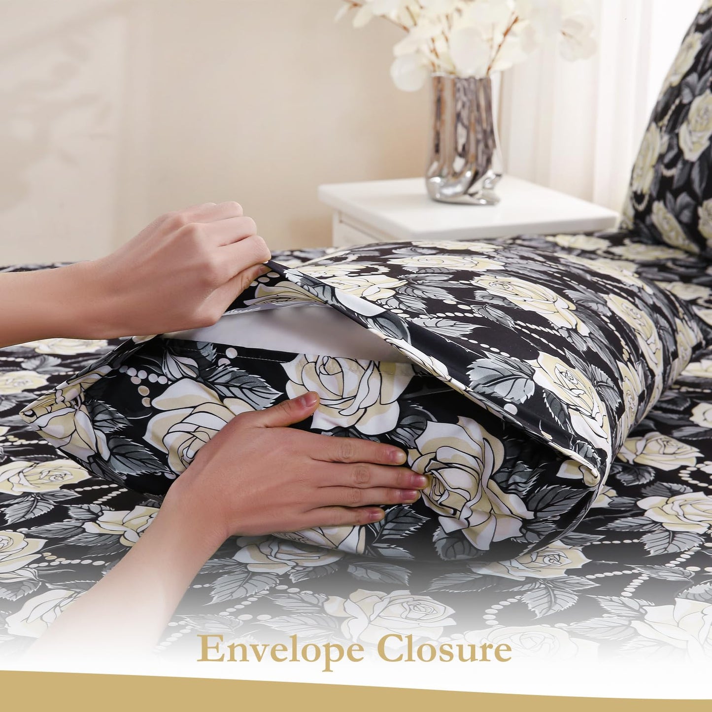 MICORAL Black White Rose Boho Floral Queen Sheet Set, 4-Piece Printed Botanical Bed Sheets, 16" Deep Pocket, Ultra Soft & Cooling Sheet, Oeko-TEX Certified, Black White Rose