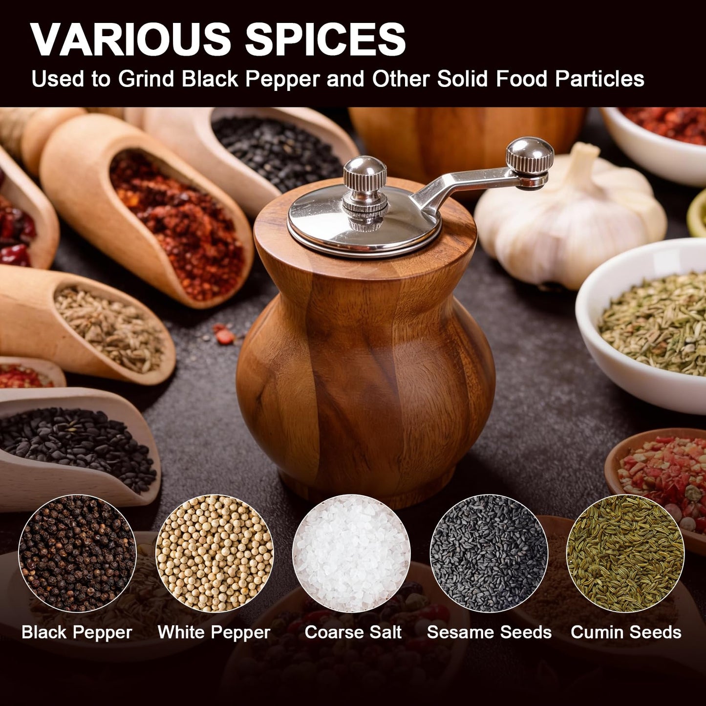 Pepper Grinder with Crank Handle, Adjustable Refillable Spice Mill