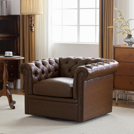 Christopher Knight Home Oakley Chesterfield Faux Leather Upholstered Club Chair, Button-Tufted 360° Swivel Sofa, Scrolled Arm Living Room Sofa, No Assembly Required Furniture, Dark Brown