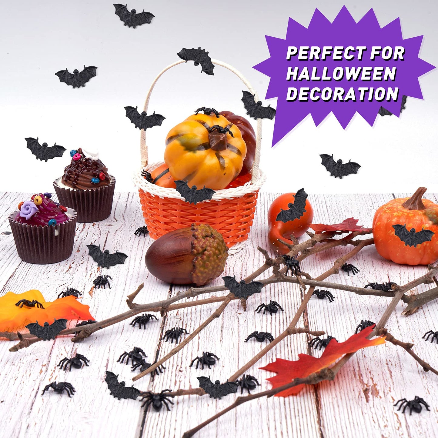WHXGQ 200 Pcs Plastic Bats Spiders Halloween Mini Bats and Fake Spiders for Decorations Creepy Scary Prank Toys Plastic Insec Toys Halloween Miniatures