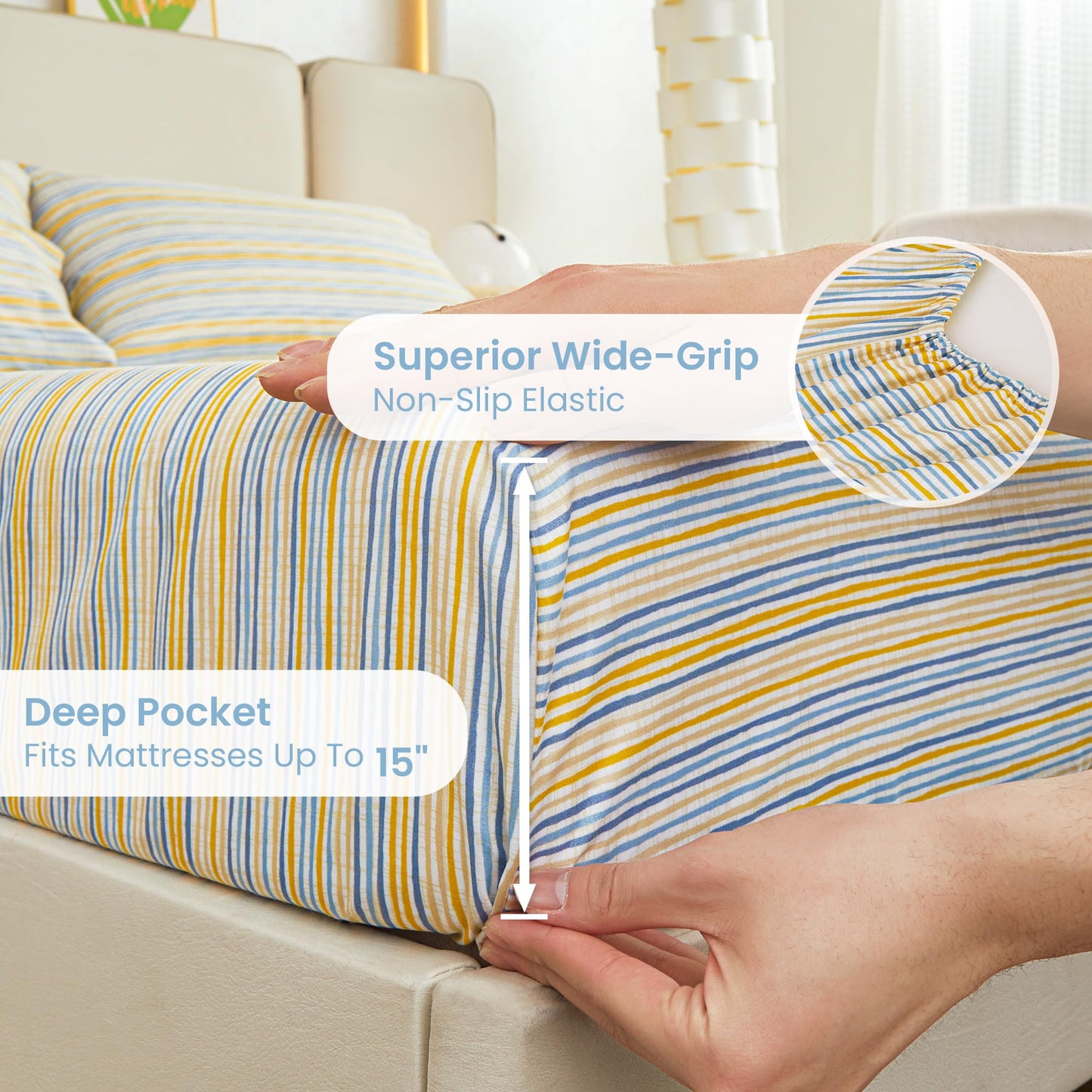 Mooreeke Striped Full Bed Sheets, Deep Pocket 4 Piece Full Sheet Set, Soft Microfiber Blue Yellow Pinstripe Bedding Sheets & Pillowcases