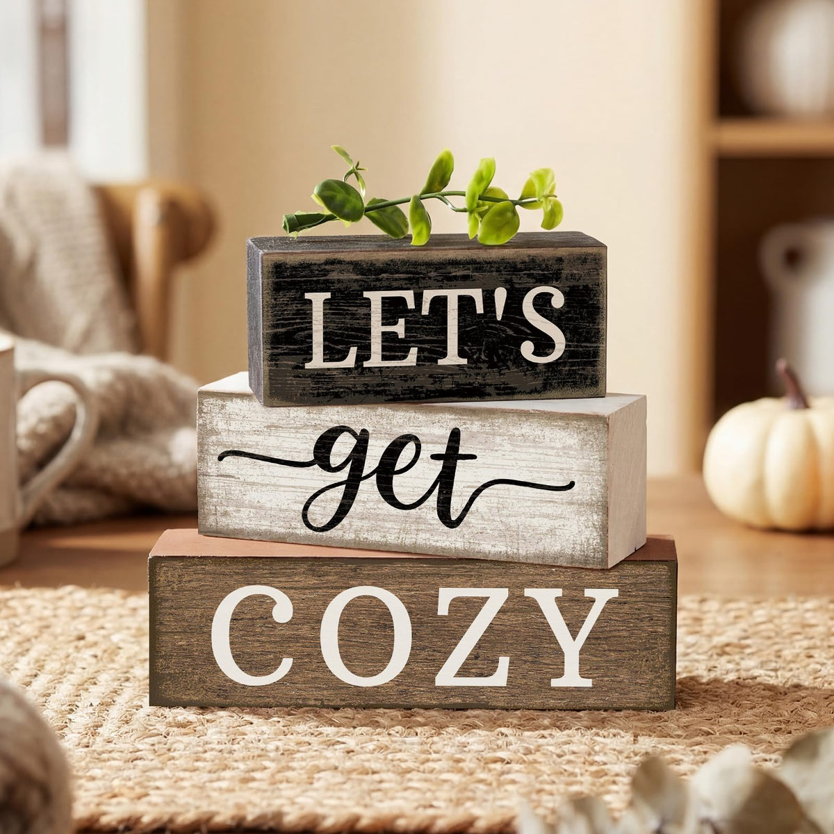 Moucuny 4 Pcs Farmhouse Table Decor Inspirational Wooden Signs Rustic Eucalyptus Leaves Wooden Block Sign Gift Let's Get Cozy Farmhouse Table Centerpiece for Living Room Housewarming Gift