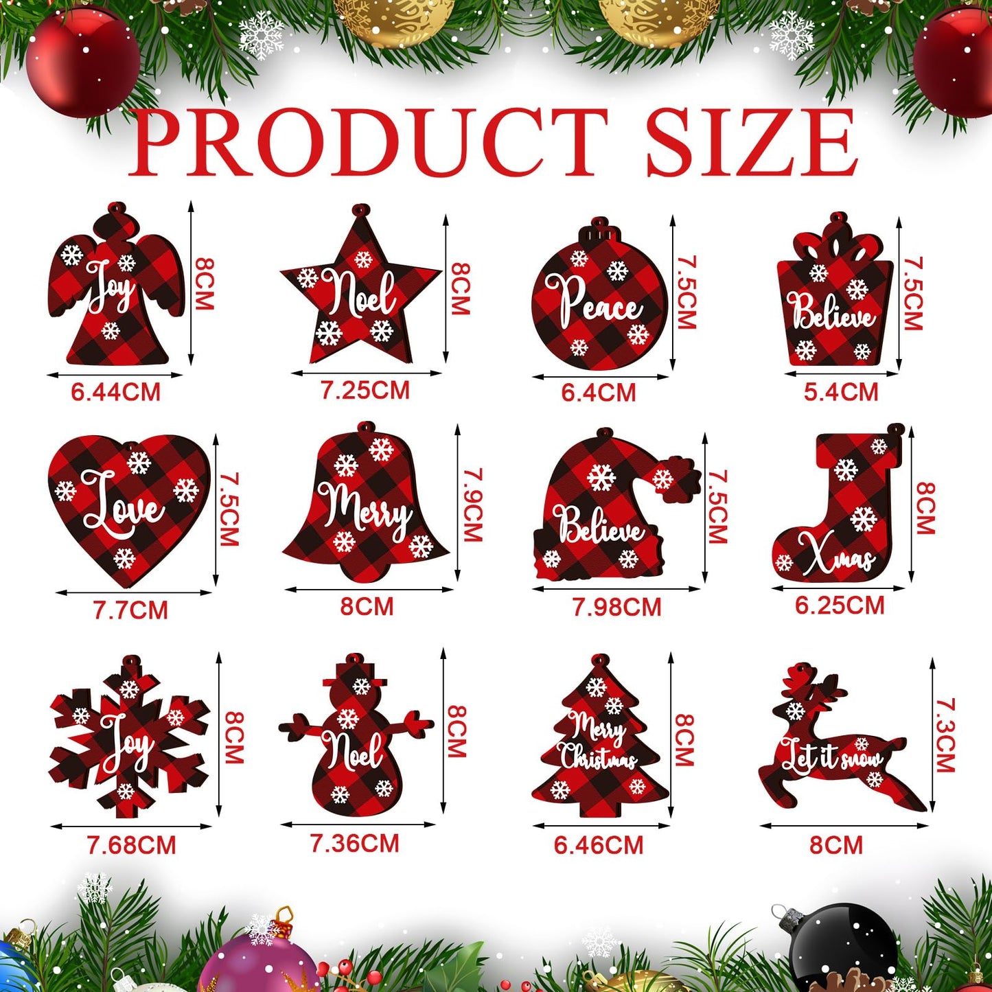 36 Pieces Christmas Buffalo Plaid Ornaments Christmas Tree Wooden Hanging Decor Black and Red Wooden Christmas Ornaments Reindeer Snowman Plaid Christmas Tree Decorations(Multiple Style)
