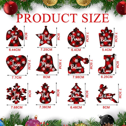 36 Pieces Christmas Buffalo Plaid Ornaments Christmas Tree Wooden Hanging Decor Black and Red Wooden Christmas Ornaments Reindeer Snowman Plaid Christmas Tree Decorations(Multiple Style)