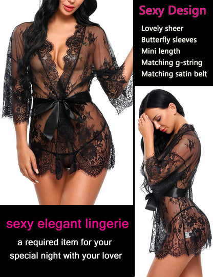 Avidlove lace robe Women's Lace Kimono Robe Babydoll Lingerie Mesh Nightgown Black L