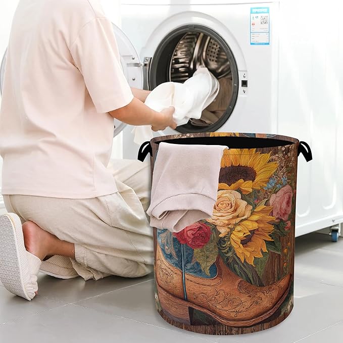 Cowboy Boots Laundry Basket, Wooden Sunflowers Foldable Oxford Cloth Tote Bag