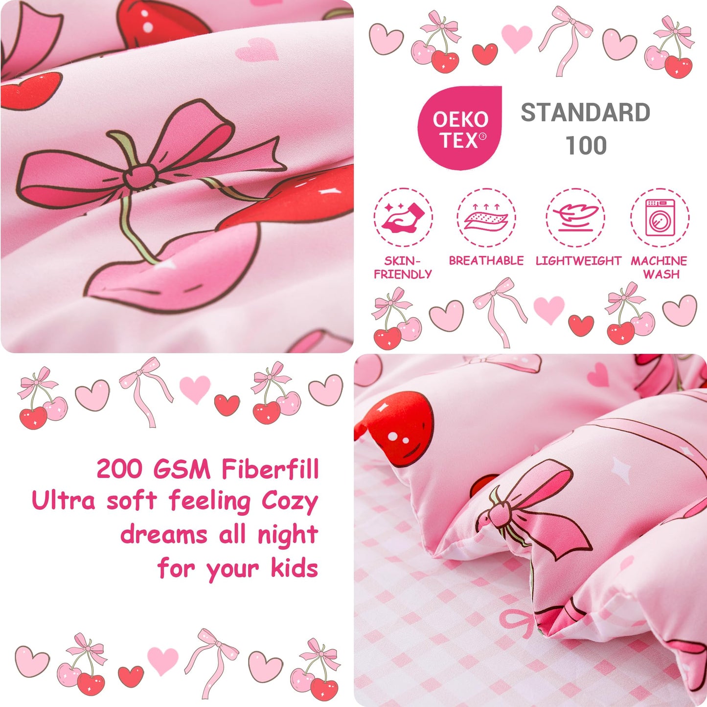 Mooreeke 4 Pieces Toddler Bedding Set - Pink Cherry Bow Toddler Comforter Sets for Girls, Includes Comforter, Flat Sheet, Fitted Sheet and Pillowcase, Bed in A Bag for Baby Bedroom