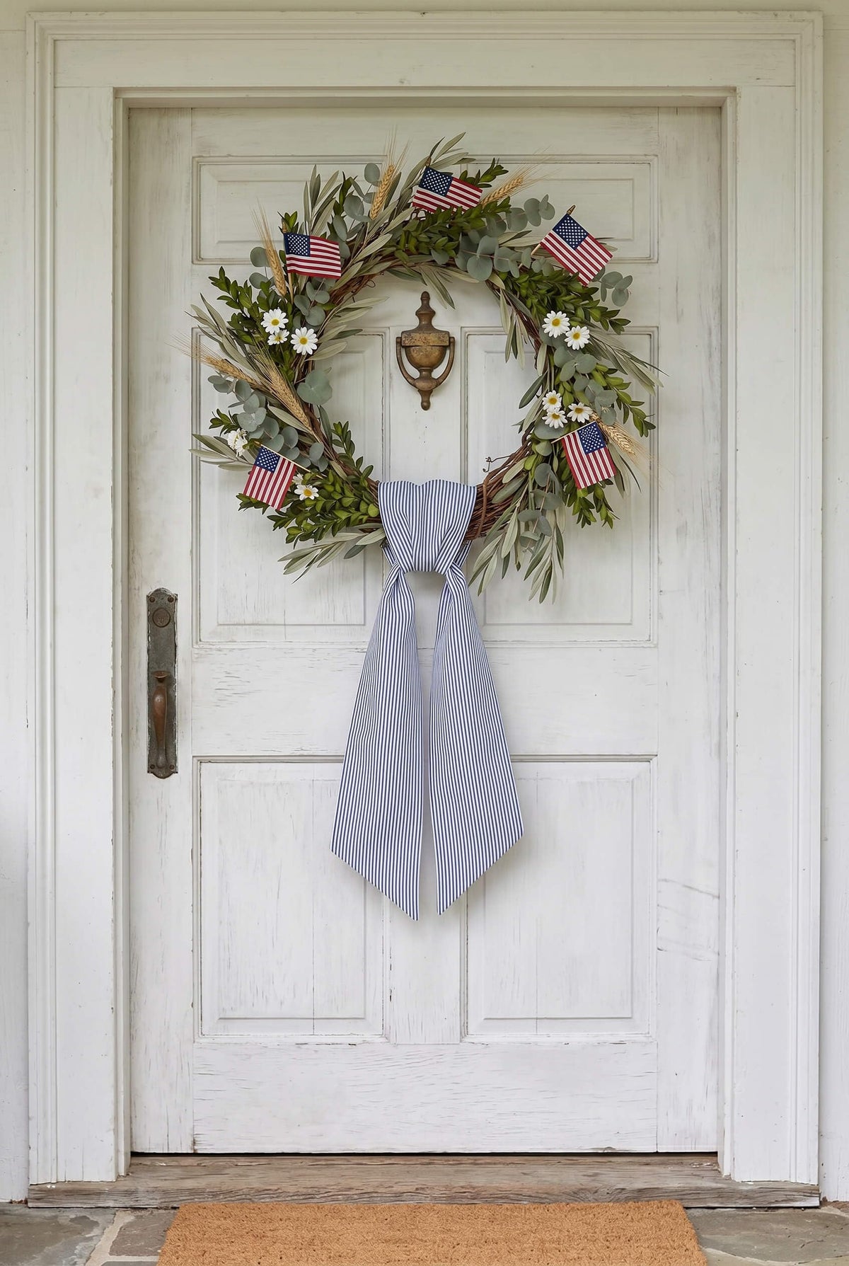 Kutyndrix Blue and White Striped Wreath Sash 2 Pack for Front Door, 5.12" x 54.33" Each Summer Nautical Holiday Door Ribbon Decorations Set