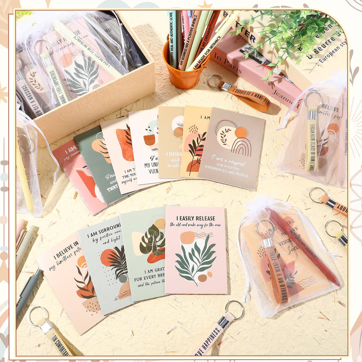 Mooliwe Positive Affirmation Gift Set Gratitude Notebooks with Pens Keychains Small Bags Motivational Party Favors for Adult Women Coworkers Employee Group(24 Set,Plant)