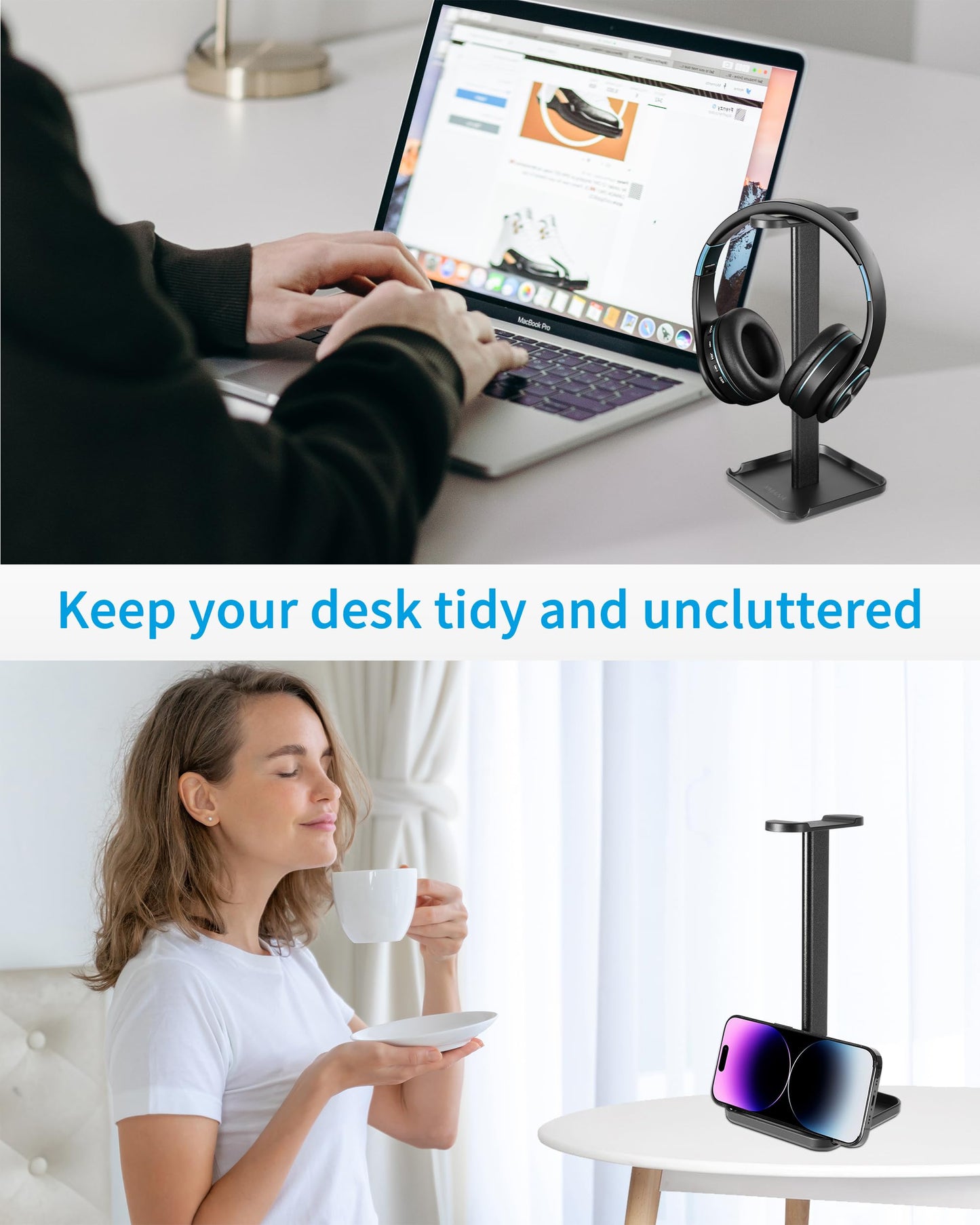 XMANA 2-in-1 Aluminum Headphone Stand & Phone Holder Rack - Sleek, Sturdy & Ergonomic Design Gaming Headset Stand for Desk Organization - Gamer Gifts (Black)