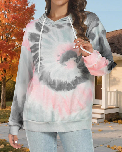 rosemia Womens 2023 Hooded Drawstring Pullover Sweatshirts Casual Long Sleeve Basis Tops Shirts(Grey Pink Tie Dye,XL)