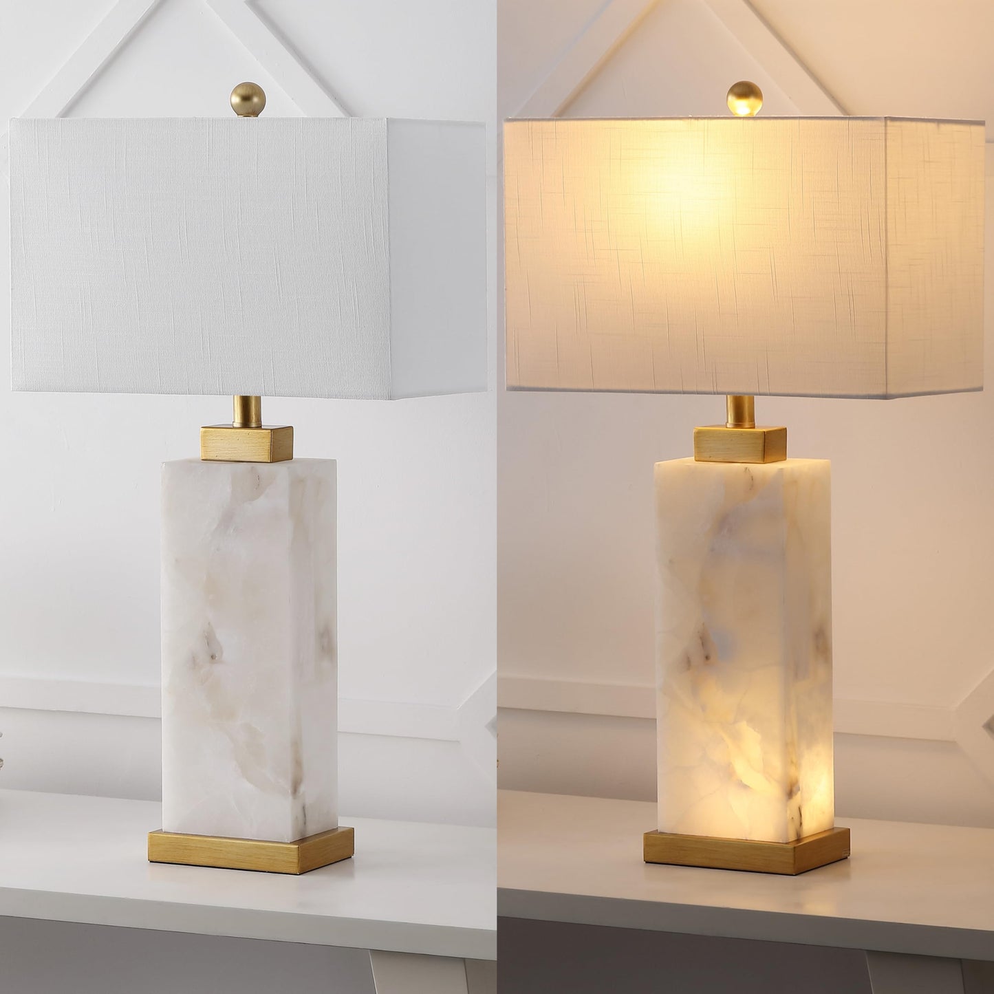 JONATHAN Y 27.5" White/Gold Modern Alabaster Rectangular Table Lamp with Night Light Contemporary Coastal Bedside Lamp for Bedroom with White Linen Shade LED Bulbs Included JYL6201A