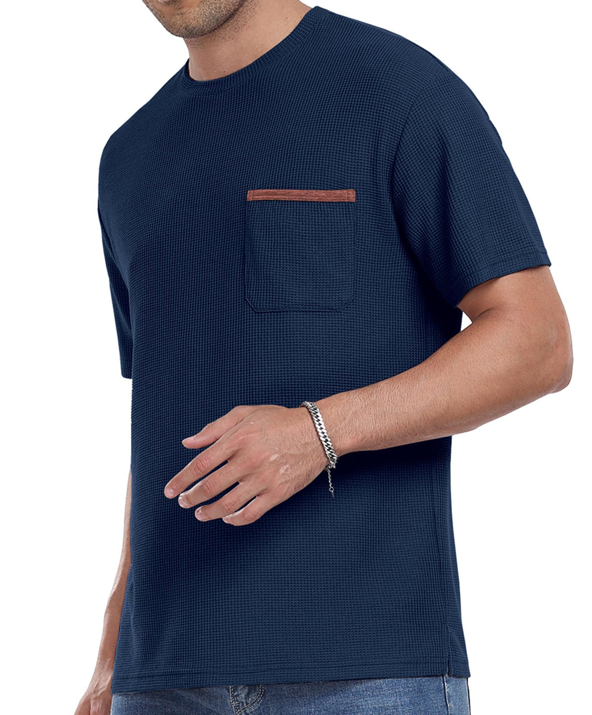 NUOKESASI Mens Casual T-Shirt Short Sleeve Crew Neck Soft Tee Shirts Summer Beach Waffle Textured Tops with Pocket Navy Blue-M
