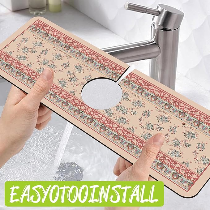 Sink Splash Guard Faucet Mat Retro Boho Flowers Absorbent Fast Drying Mat Sink