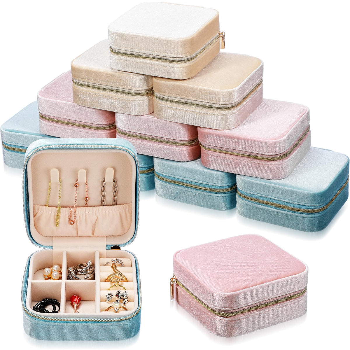 Kenning 12 Pcs Small Velvet Travel Jewelry Box Mini Jewelry Case Portable Organizer Pouch Bridesmaid Proposal Gift for Women(Square)