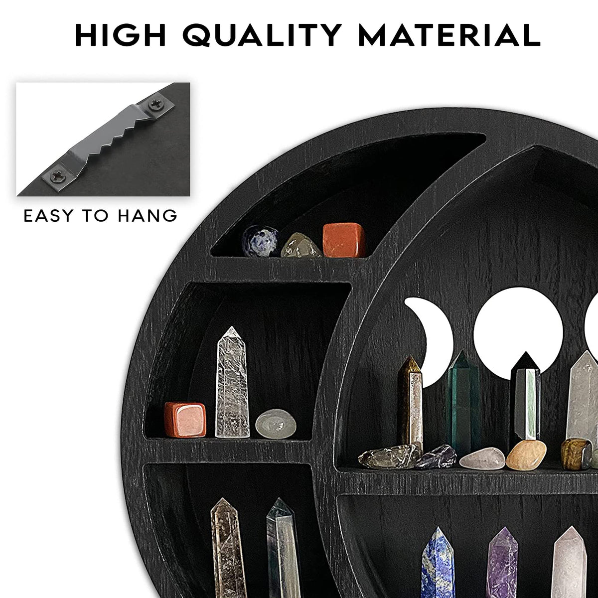 Ella & Emma Wooden Moon Shelf for Crystals - Crescent Moon Crystal Shelf, Storage & Wall Hanging Shelves for Bedroom Aesthetic, Moon Phase Wall Decor & Crystal Display Shelf, Pinewood, Black
