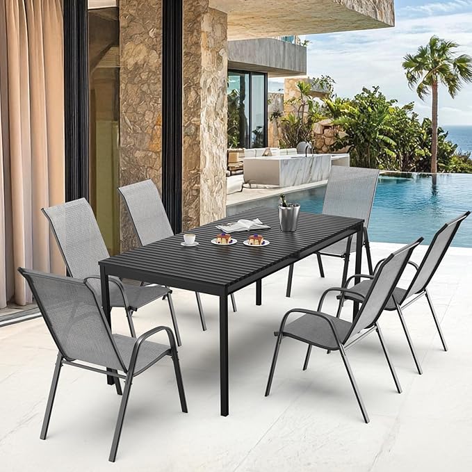 VINGLI Patio Chairs Set of 2 – Stackable Outdoor Dining Chairs with Comfortable Sling High Back Chairs and Armrests for Lawn, Poolside, Courtyard, Balcony, Garden, Silver Gray