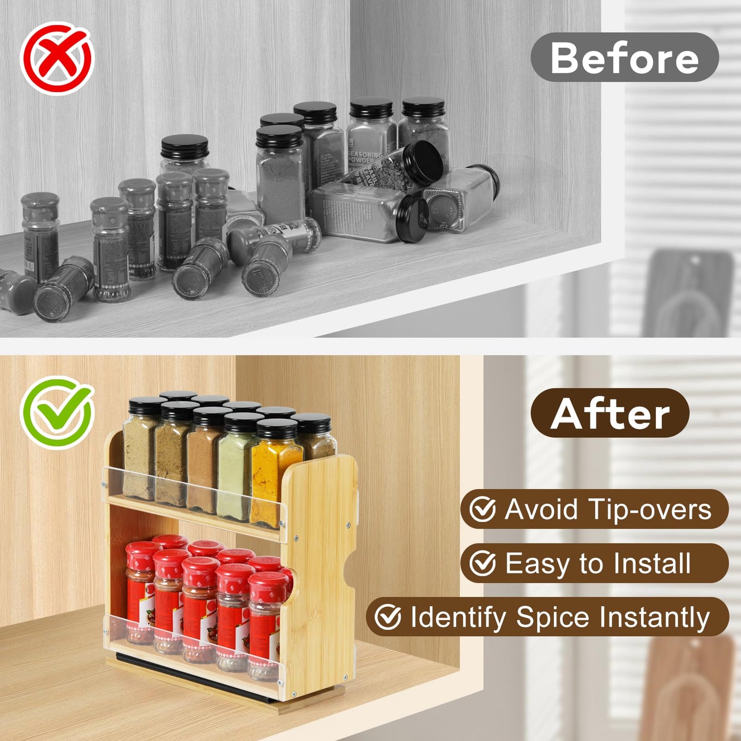 Memxike 2 Tier Pull Out Spice Rack Organizer, Bamboo Sliding Spice Rack for Kitchen Cabinet, (4.4" W x 10.6" D x 10.4" H) Spice Storage, Pantry Organization