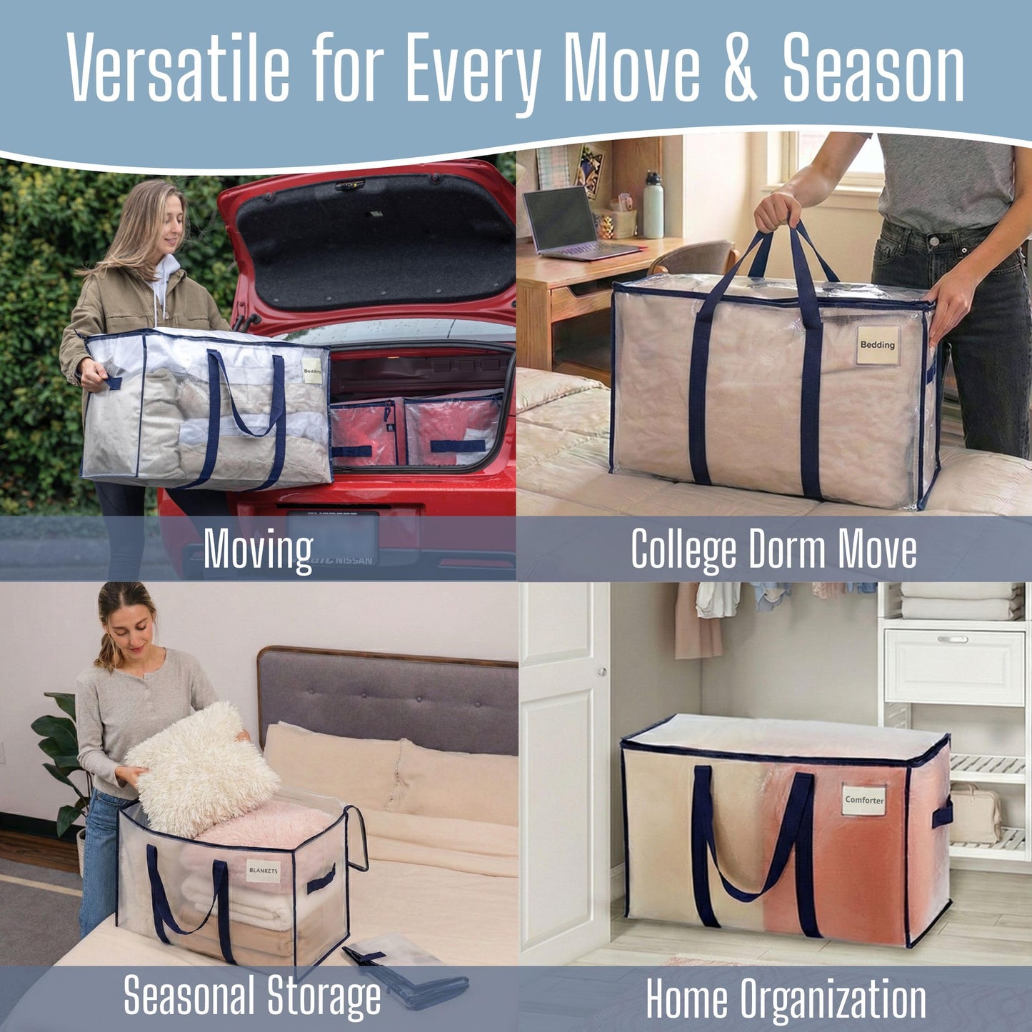 VENO 8 Pack Heavy Duty Moving Bags, Extra Large Storage Bags with Reinforced Handles & Strong Zippers, Foldable & Reusable Moving Box Alternative for Clothes & Dorm Storage