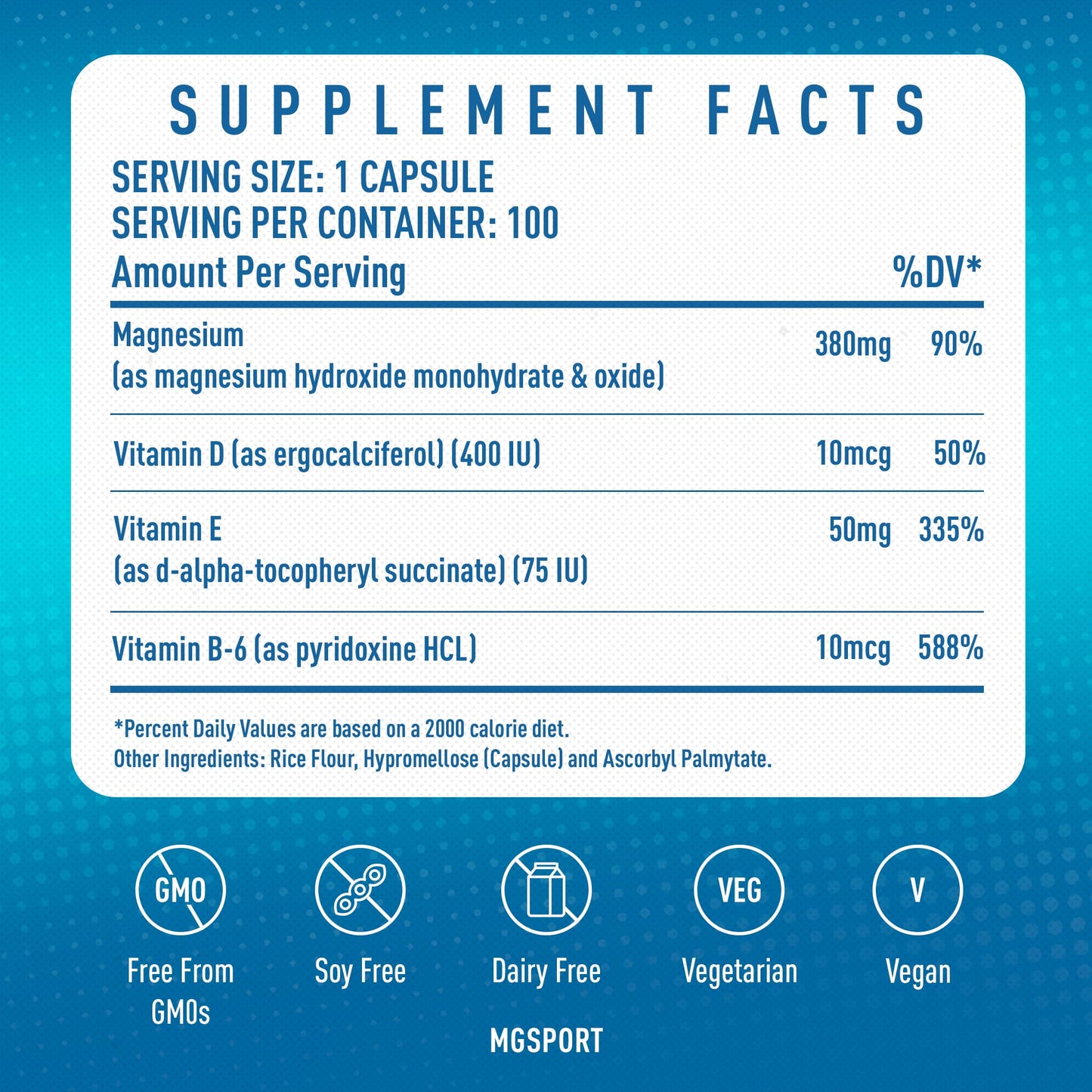 Magnesium Supplement Complex MGSPORT - High Absorption with Vitamins B6, D, E - Relieves Leg Cramps, Muscle Support & tensed Muscles 100 Servings