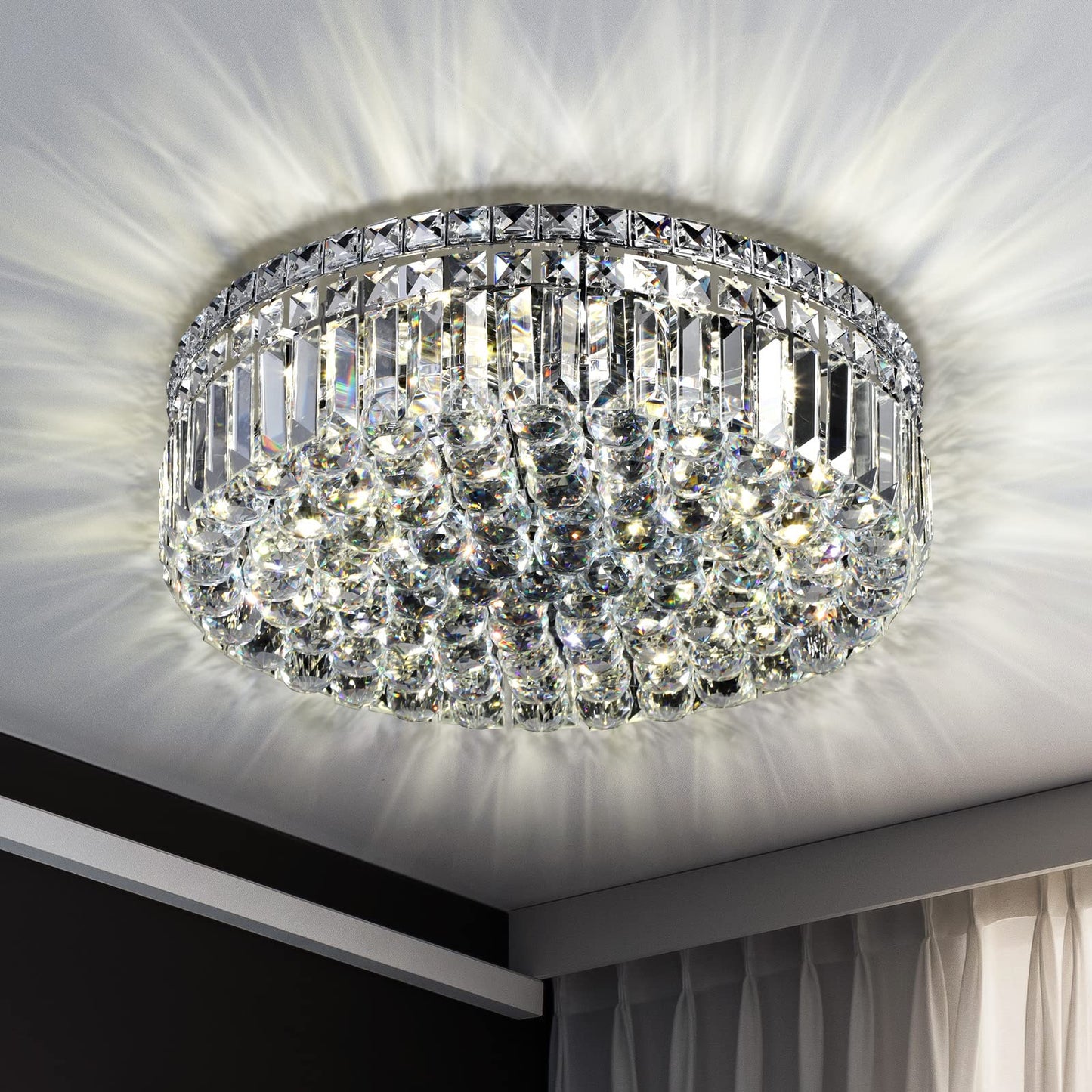 CEENLI 6-Lights Crystal Flush Mount Chandelier Light Fixture with K9 Crystals Modern Ceiling Lights Elegant Pendant Lamp for Bedroom,Hallway,Bar,Living Room,Dining Room,H5.9 xW20 (Bulbs Not Included)