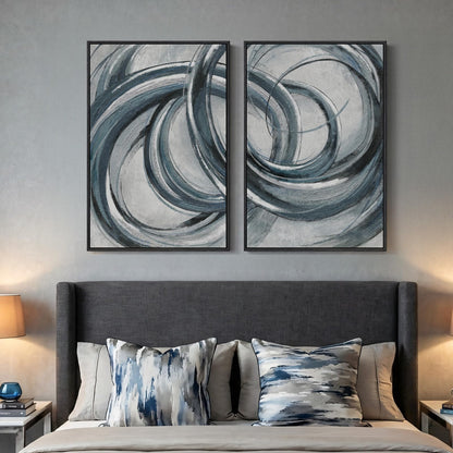 Framed Blue Gray Abstract Wall Art Set of 2, Modern Circle Line Canvas Artwork for Walls, Contemporary Abstract Paintings Prints for Living Room Bedroom Office Hallway Wall Decor, 24x36 In