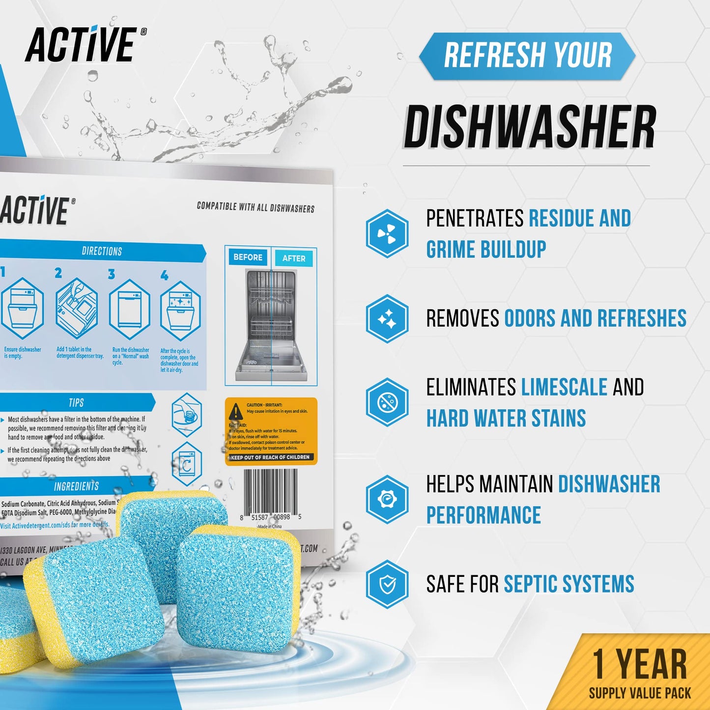 Dishwasher Cleaner and Deodorizer Tablets - 24 Pack ACTIVE Deep Cleaning Descaler for Dish Washer Machine - Heavy Duty Limescale, Grime, Calcium, Odour Remover, Natural, Septic-Safe - 12 Month Supply