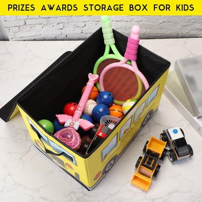 Sweetude 2 Pcs School Bus Treasure Box for Classroom, Foldable Chest Storage Toy Box Chest with Lid Treasure Storage Organizer Bin for Kids Teachers Toy Prizes Awards for Students(Yellow)