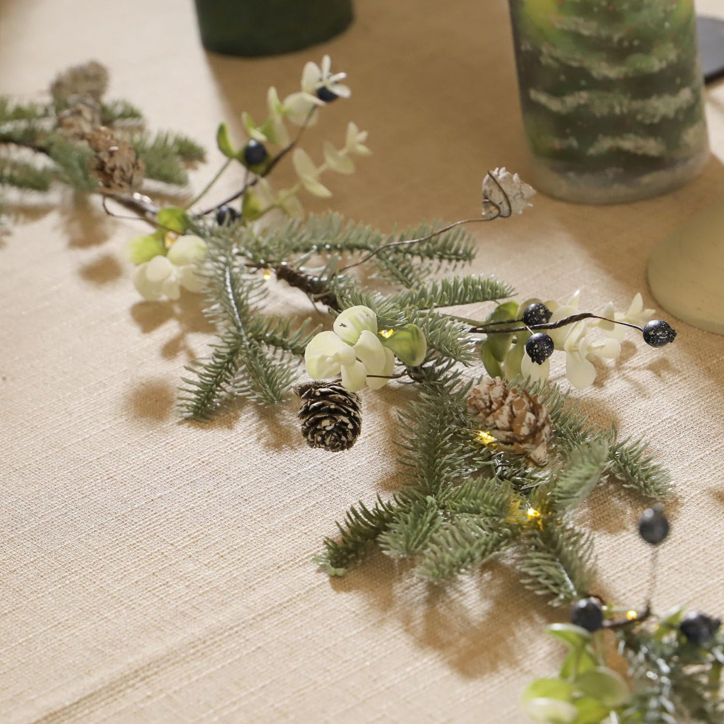 MIYA LIFE Mixed Berry Christmas Garland with Lights - 6.5FT Norfolk Pine Branch with Blueberry, White Flowers & Warm White LED Lights Battery Powered with Remote Ideal Christmas Garland for Mantle