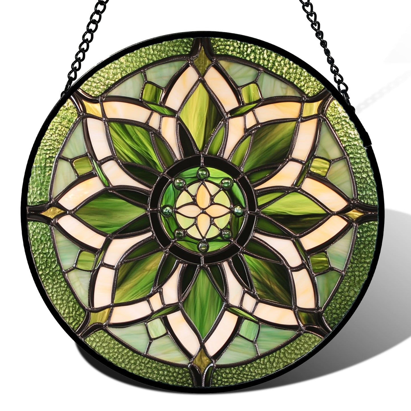 HWRHTR Stained Glass Window Hanging - White Green Boho Flower Suncatcher for Doors Window Home Sun Catchers Decor Christmas Mother's Day Birthday Gifts for Teacher Women Men Mom Nana 6.3 in