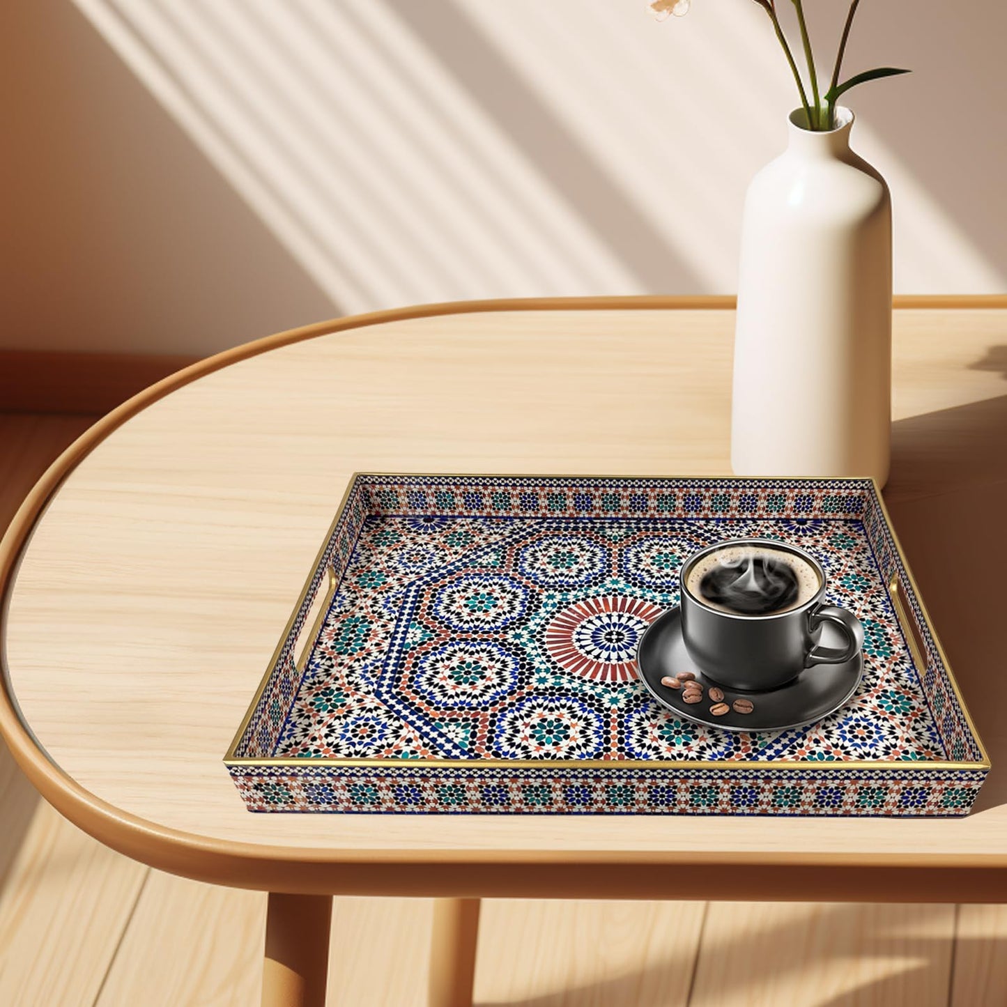Plastic Coffee Trays,Serving Tray,Bohemian Blue Tray,15.7" L x 11.8" W x 1.57" H,Lightweight and Non-Slip with Handles,Perfect for Restaurants,Cafés,and Home Use(Rectangle Bohemian Blue)