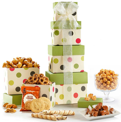 Broadway Basketeers Mother's Day Tower, gift basket with Sweet & Savory Treats, Thank You Gift for Mom, Birthdays, Holidays & Celebrations, Kosher