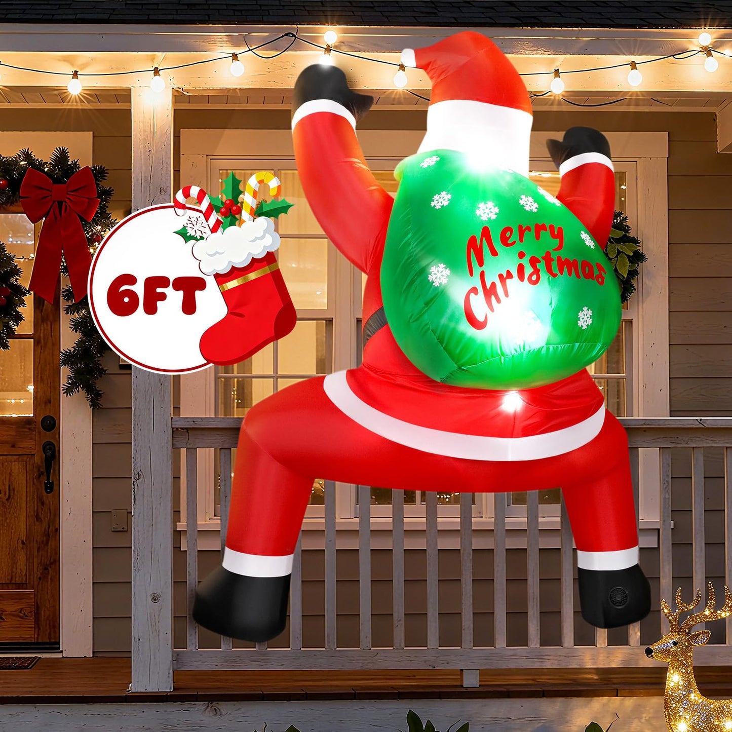 6FT Christmas Inflatable Outdoor Decorations Hanging Santa Built-in Bright LEDs, Blow Up Climbing Santa Claus with Gifts Bag, Giant Christmas Decor for Window Wall Outdoor Xmas Holiday Party Lawn