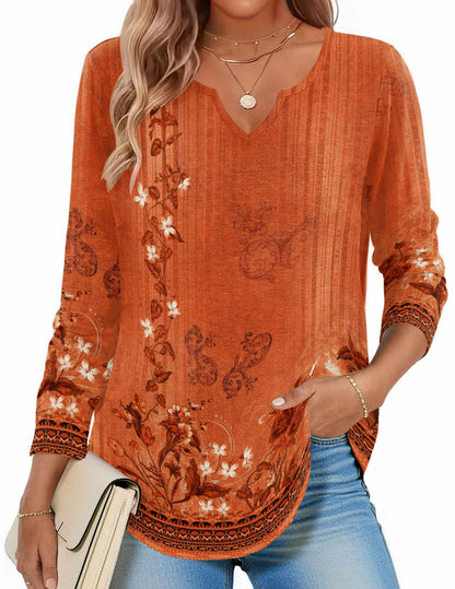 Zeagoo Boho Tops for Women Thanksgiving Long Sleeve Shirts V Neck Fall Casual Blouses Floral Printed Plus Size Tshirt XL