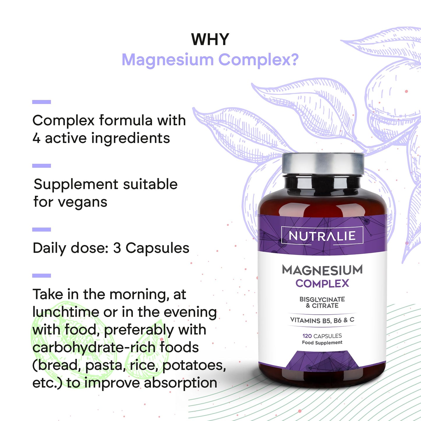 Magnesium Glycinate Complex - 2145mg Bisglycinate + Citrate Magnesium Supplements - Vitamins C B5 B6 - High Strength - 120 Capsules Nutralie