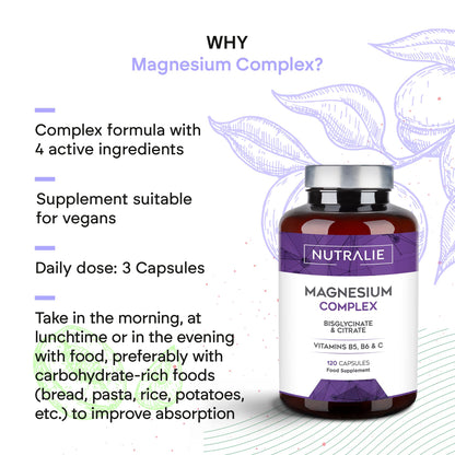 Magnesium Glycinate Complex - 2145mg Bisglycinate + Citrate Magnesium Supplements - Vitamins C B5 B6 - High Strength - 120 Capsules Nutralie