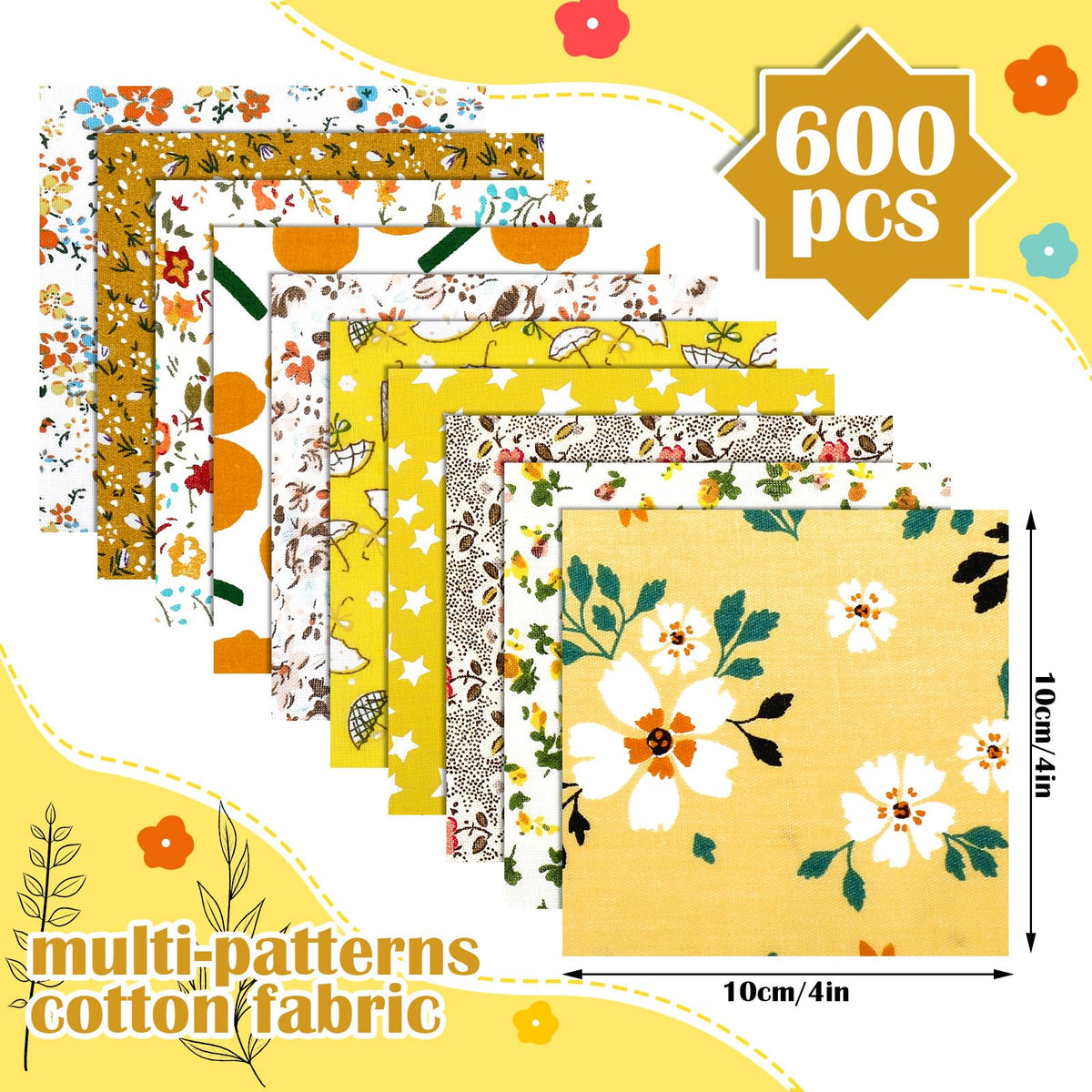 Kinlop 600 Pcs 4 x 4 Inch Cotton Fabric Square Christmas Precut Quilting Patchwork Fabric Bundles Printed Floral Holiday Sewing Materials for DIY Craft Gifts Quilting Projects(Yellow)