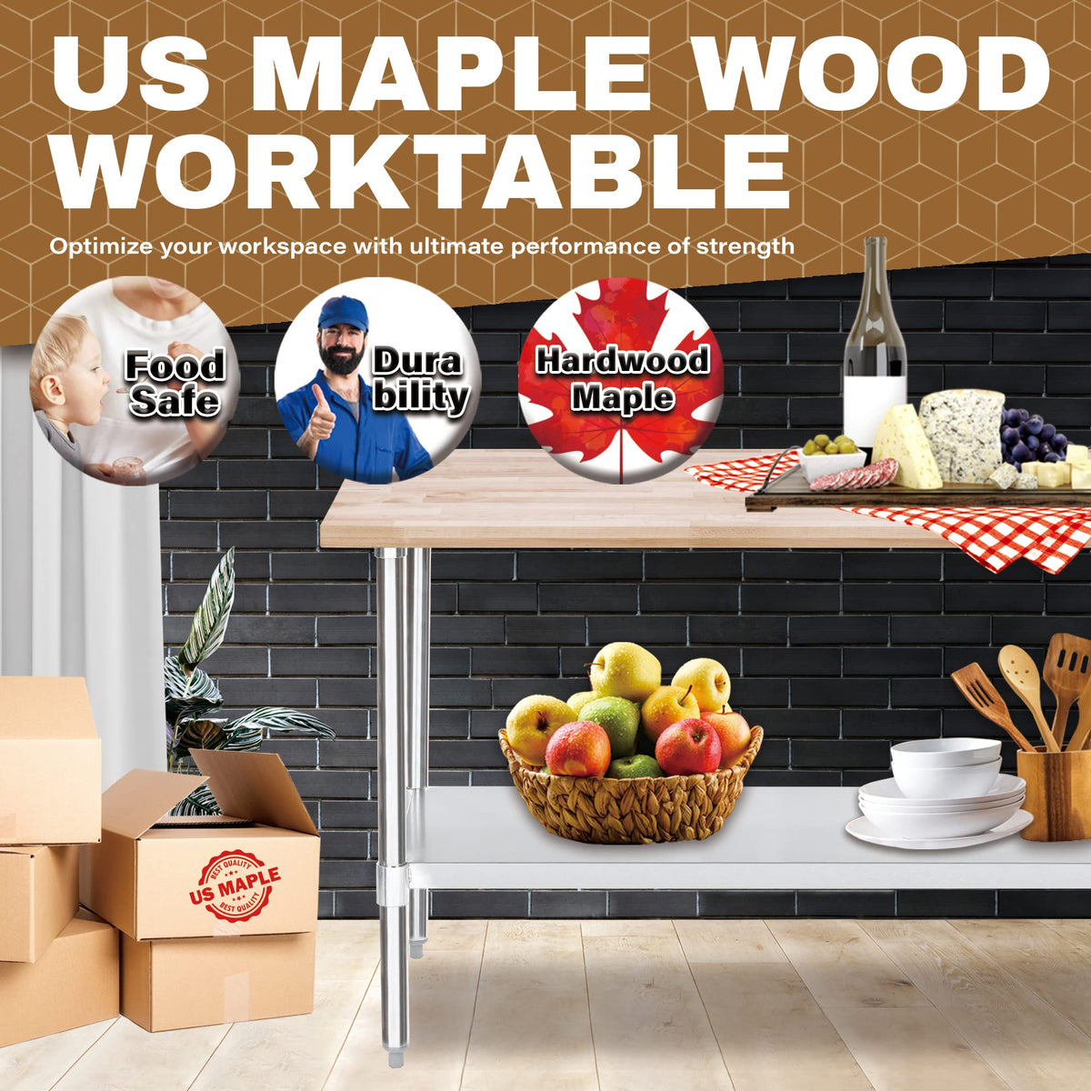 DuraSteel US Maple Top Work Table - 24 x 60 x 35 Inch Commercial Butcher Block Wooden Workbench with Adjustable Lower Shelf - Fits Restaurant, Warehouse, Home, Kitchen, Garage